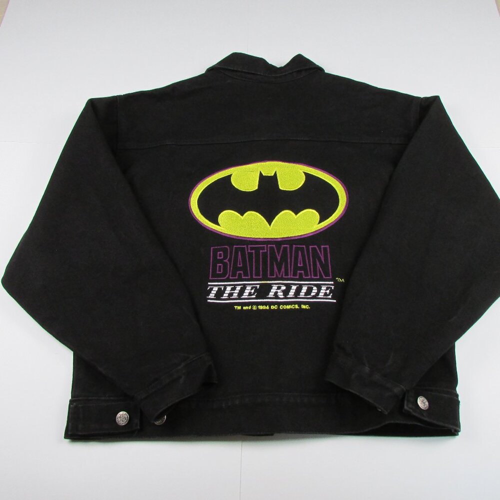 BATMAN THE RIDE SIX FLAGS BLACK DENIM JEAN JACKET MENS M RARE 1994 DC COMICS